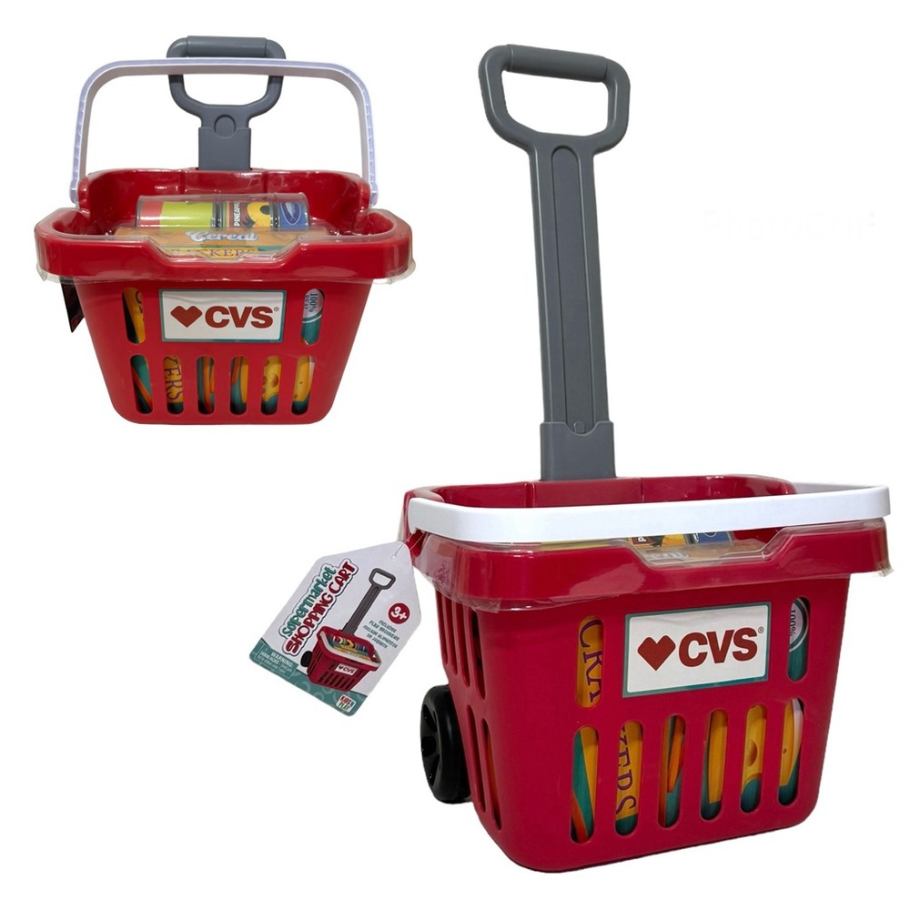 CVS Supermarket Shopping Cart‎ Toy With  Retractable Handles & Wheels Faux Food